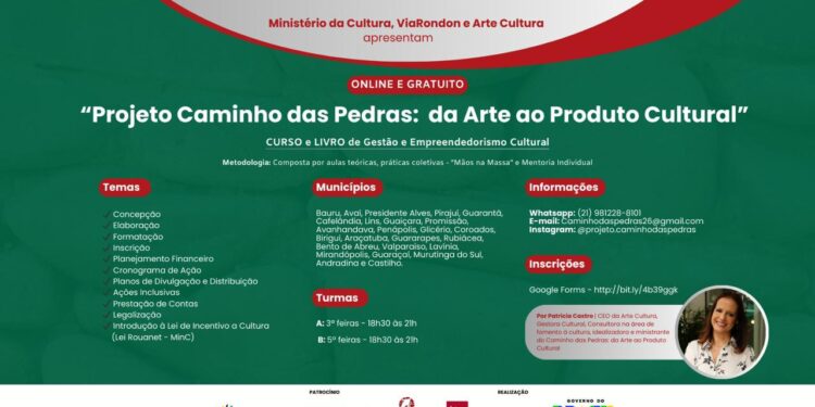 Projeto “Caminho das Pedras” abre 150 vagas gratuitas para formação em gestão cultural no interior paulista